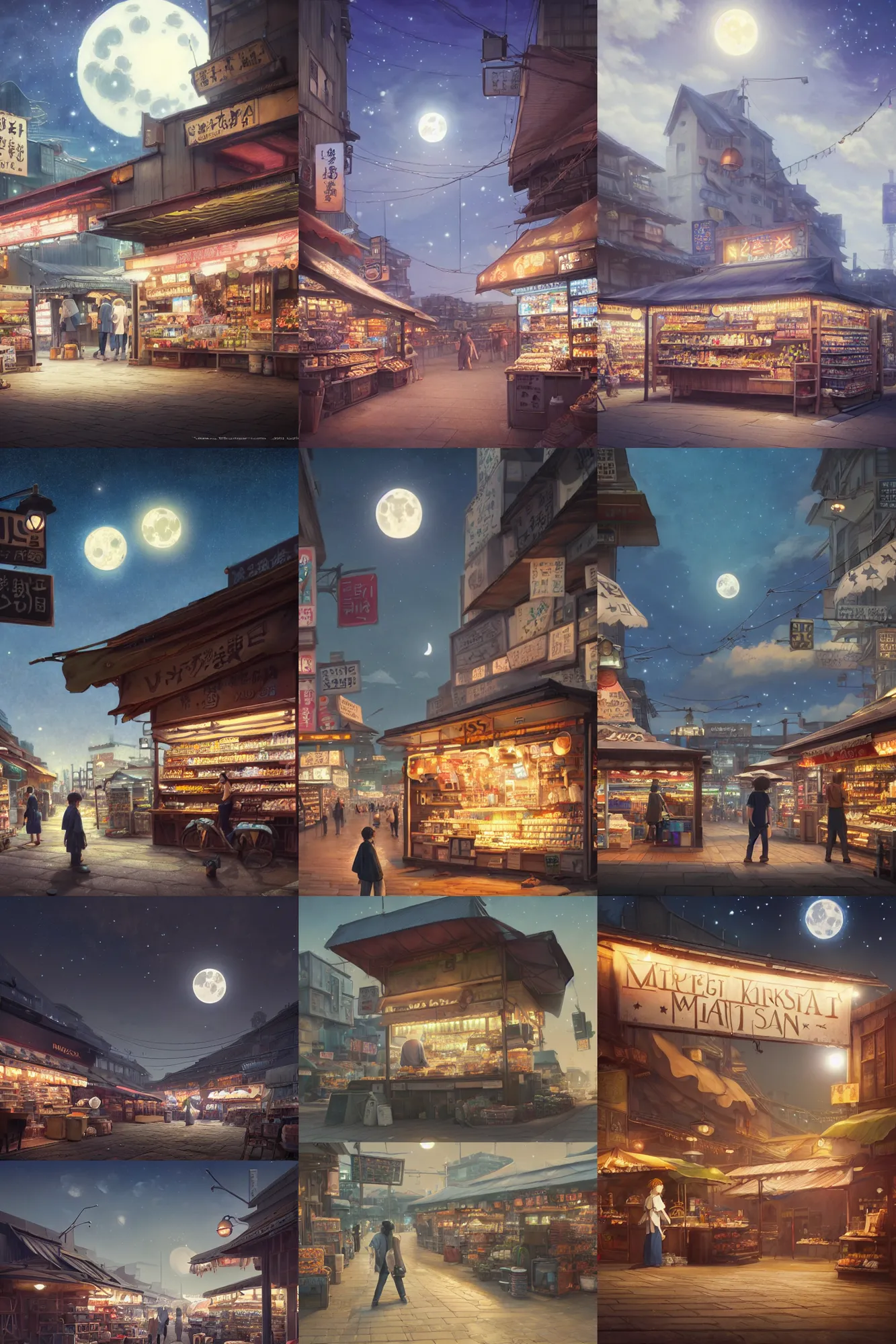 Prompt: a highly detailed matte painting of a single market stall with a sign under the moon and stars by studio ghibli, makoto shinkai, by artgerm, by wlop, by greg rutkowski, volumetric lighting, octane render, 4 k resolution, trending on artstation, masterpiece