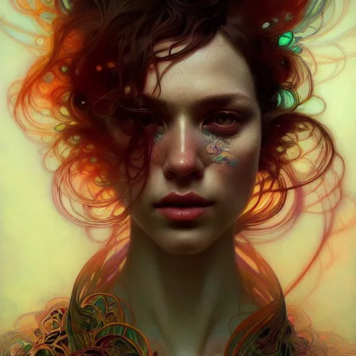 Image similar to An extremely psychedelic portrait, surreal, LSD, face, detailed, intricate, elegant, lithe, highly detailed, digital painting, artstation, concept art, smooth, sharp focus, illustration, art by Krenz Cushart and Artem Demura and alphonse mucha