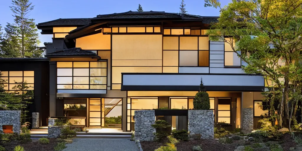 Image similar to large modern residence, pacific northwest japanese style, flared japanese black tile roof, many windows, elegant