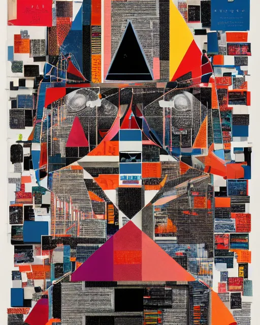 Image similar to A mid-century modern artistic collage, made of random geometric segments cut from fashion magazines, science magazines, and textbooks, of 2001: A Space Odyssey film poster. 1968