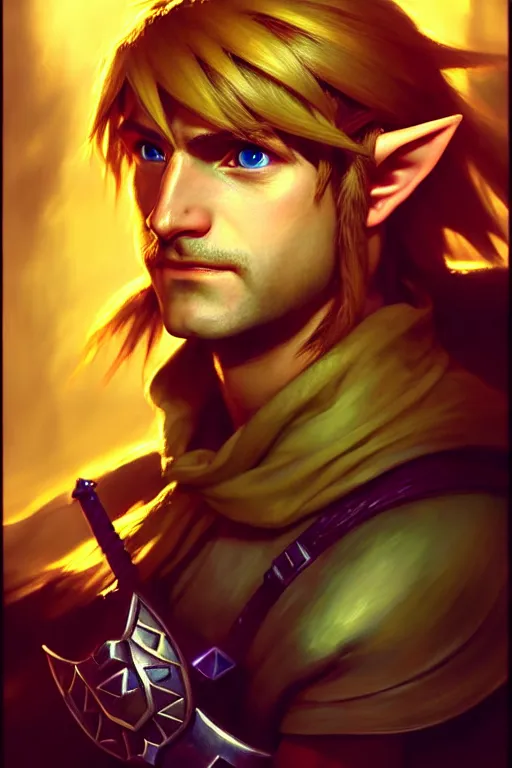 Image similar to hyperrealist portrait of link from the legend of zelda. by jeremy mann and alphonse mucha, fantasy art, photo realistic, dynamic lighting, artstation, poster, volumetric lighting, very detailed faces, 4 k, award winning