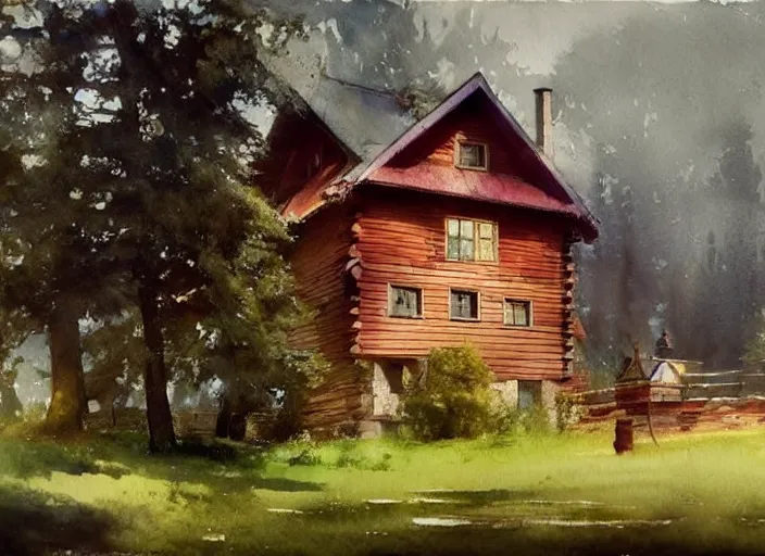 Prompt: watercolor splash, paint drops, drips, aquarelle painting of oak tree and scandinavian red wooden cabin, swedish house, very very very beautiful, art by anders zorn, wonderful masterpiece by greg rutkowski, cinematic light, american romanticism by greg manchess, creation by tyler edlin