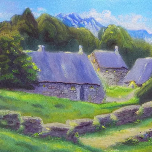 Image similar to landscape painting of bag - end, tolkein, painting by bob ross