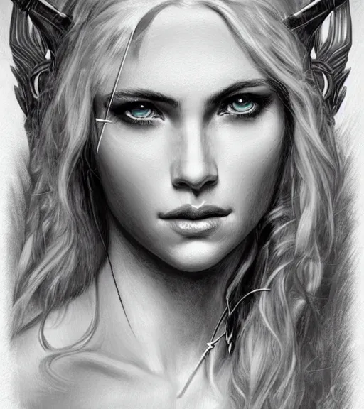 Image similar to portrait of astonishing aphrodite goddess as an archer warrior, arrow, beautiful piercing eyes, flowing blonde hair, realistic face, black and white drawing, in the style of greg rutkowski, fantasy, amazing detail, epic, intricate, elegant, smooth, sharp focus