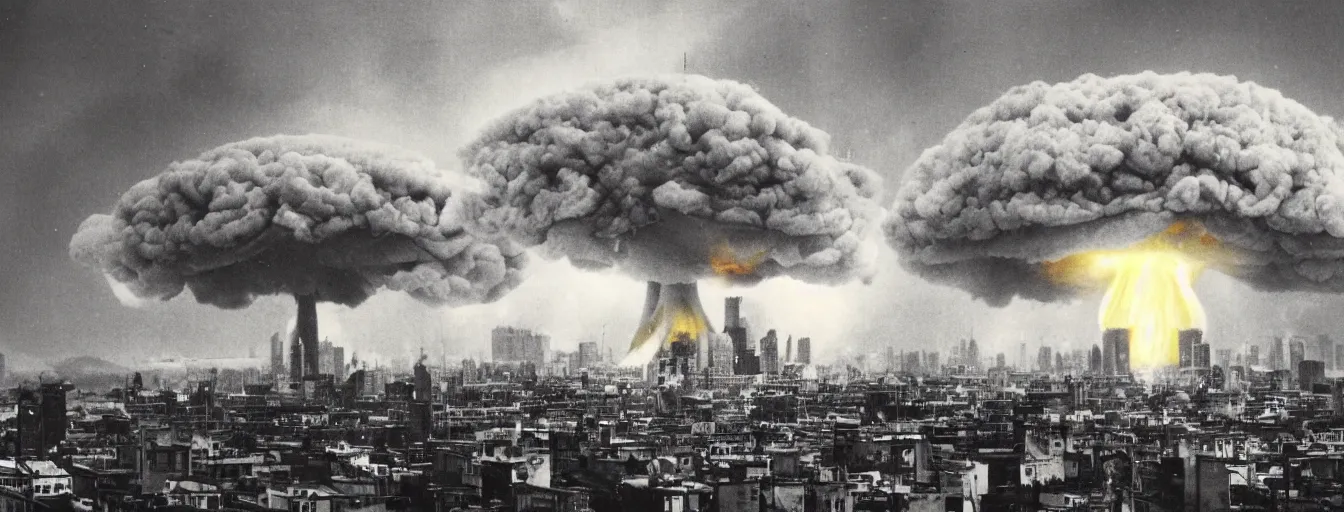 Prompt: end of the world, mushroom cloud in a city