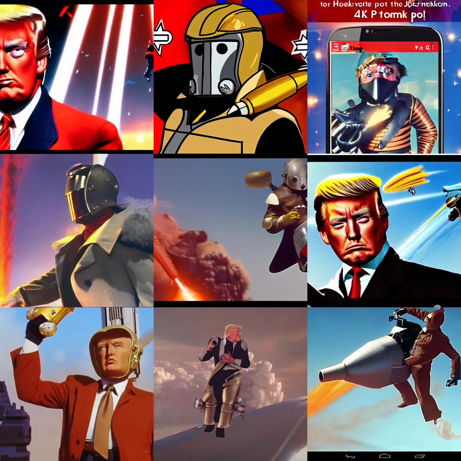 Prompt: screenshot the rocketeer played by portrait donald trump wearing jetpack, 4 k, scene, trump hair