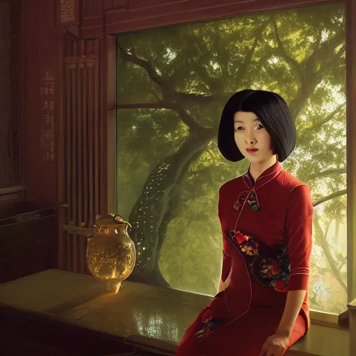 Image similar to portrait of chinese lady in cheongsam, highly detailed vfx portrait, unreal engine, greg rutkowski, loish, rhads, caspar david friedrich, makoto shinkai and lois van baarle, ilya kuvshinov, rossdraws, elegent, tom bagshaw, alphonse mucha, global illumination, detailed and intricate environment