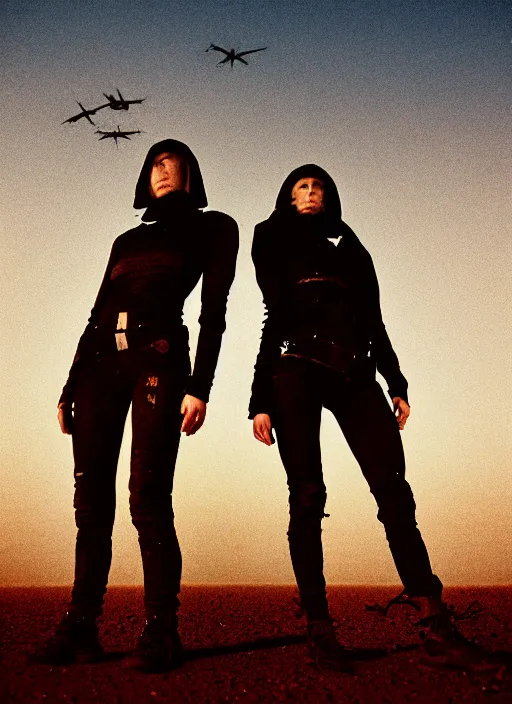 Image similar to cinestill 5 0 d 3 5 mm photographic portrait of two loving female androids wearing rugged black techwear on a desolate plain with a red sky, extreme closeup, lizard on ground, cyberpunk style, a brutalist dark metal facility in background, dust storm, 8 k, high resolution, f / 3. 2, ultra realistic faces