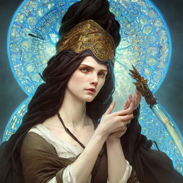 Image similar to Portrait of a female cleric with kerchief covering her ears, casting a glowing spell. Western European, Slavic. Blue eyes, black hair, porcelain skin, full lips, high slanted cheekbones. Fantasy art by artgerm and greg rutkowski and alphonse mucha, intricate, elegant, highly detailed, dramatic lighting, illustration, award winning on artstation, D&D, AD&D.