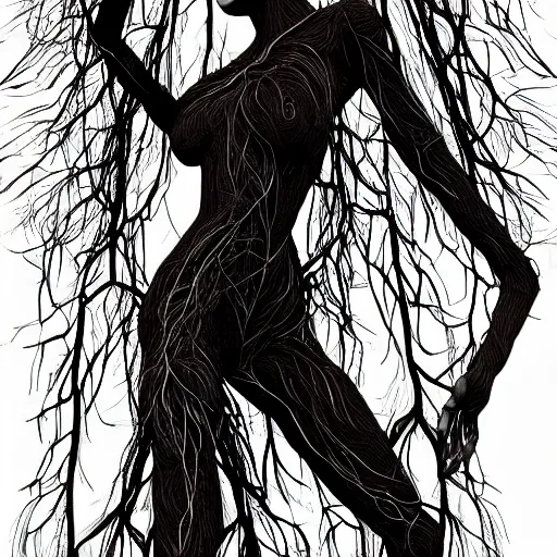 Image similar to digital art, Abstract art, humain female body made of roots, intricate roots, trending on artstation,