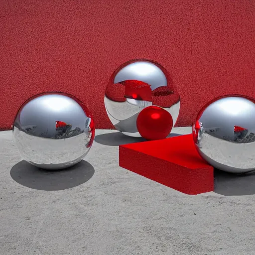 Prompt: chrome spheres on a red cube by michel granger