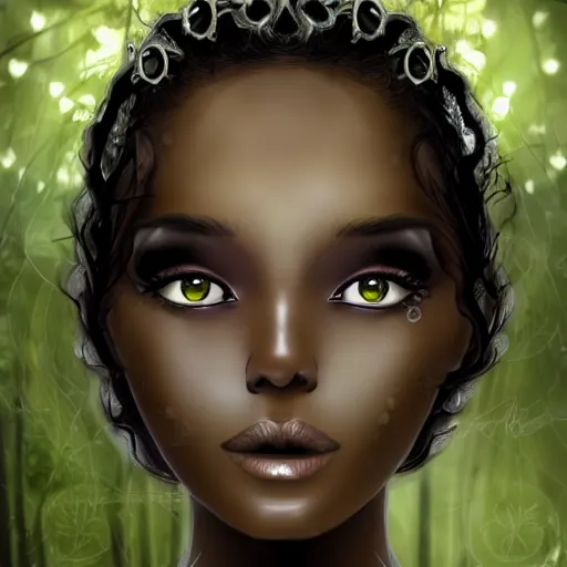 Image similar to glowing cloaked ebony maiden with stunning eyes and a beautiful supermodel face in a dark and creepy forest