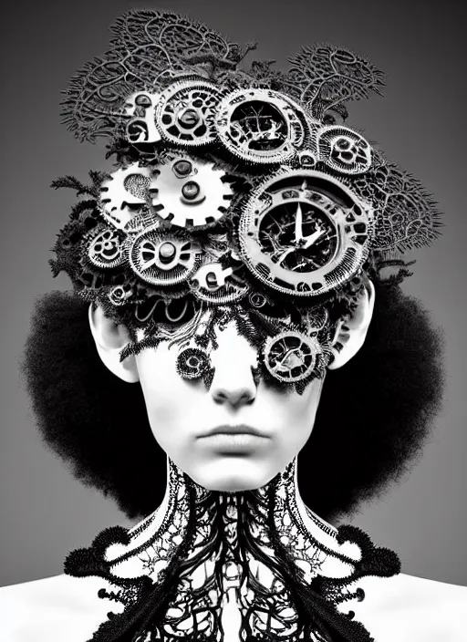 Image similar to surreal black and white photo portrait of complex bio-mechanical beautiful young female vegetal-cyborg with a Mandelbrot fractal steampunk metal fine lace face, a very long neck and a fine metal floral foliage super big lace collar by Alexander McQueen:: high fashion, haute couture, rococo, steampunk, silver filigree details, anatomical, facial muscles, cable wires, microchip, elegant, dreamy, foggy, hyper realistic, 150 mm lens, soft rim light, octane render, unreal engine, picture was taken in 1910 by Dora Maar, volumetric lighting, dramatic light,8k,