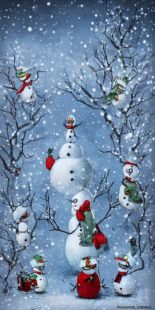 Image similar to a frosty snowman christmas scene by alexander jansson