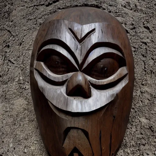Image similar to tiki mask, carved wood, photo, surrealistic, creepy, dark, epic, cinematic, style of atget, detailed