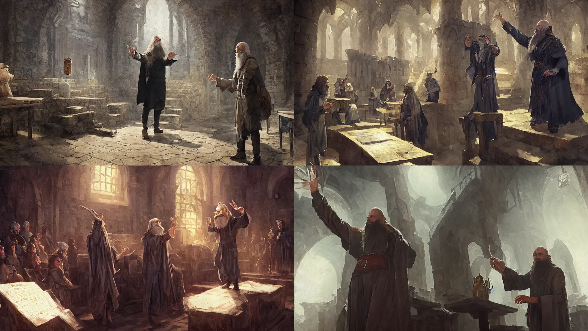 Prompt: A bearded wizard points at a linguistics chart in front of a lecture hall, fantasy art by Greg Rutkowski