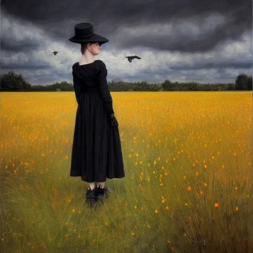 Image similar to a girl standing in a field, wearing black old dress and hat, by andrea kowch, andrea kowch style painting, dark, scene, magicrealism, flowers in background,