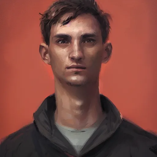 Image similar to Portrait of a man by Greg Rutkowski, he is about 20 years old, copper short hair, his features are a mix between Scottish and Arabian, strong and tall, older brother vibes, he is wearing utilitarian red and black jumpsuit, highly detailed portrait, digital painting, artstation, concept art, smooth, sharp foccus ilustration, Artstation HQ.