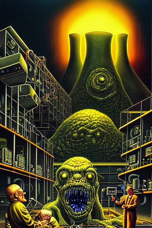 Image similar to a hyperrealistic detailed painting of a emergency chaos at the nuclear power plant, radioactive radiation monster eating the laboratory by chris cunningham and richard corben, highly detailed, vivid color,