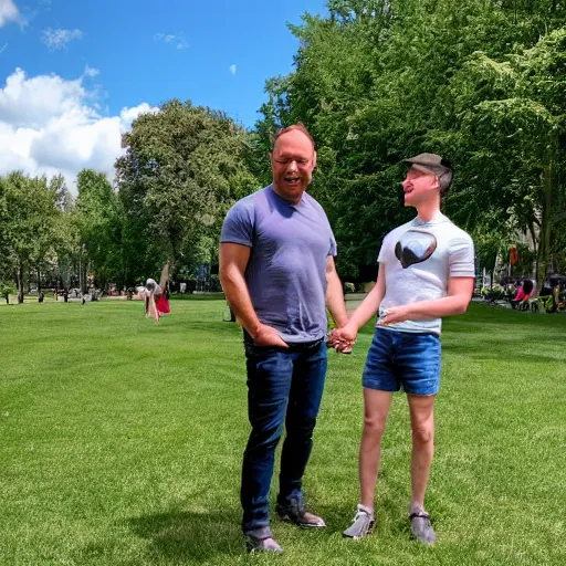 Prompt: alex jones and a gay frog holding hands in the park, sunny day with fluffy clouds,