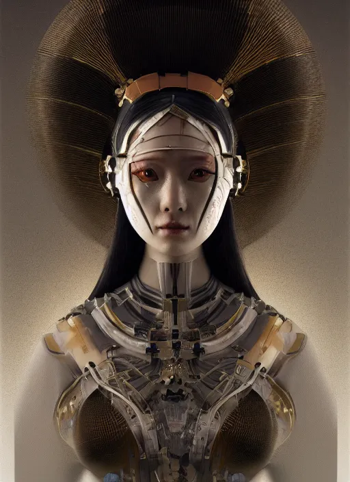 Image similar to portrait of a futuristic geisha cyborg, kintsugi, modern fine art, fractal, intricate, elegant, highly detailed, digital photography, subsurface scattering, by jheronimus bosch and greg rutkowski,