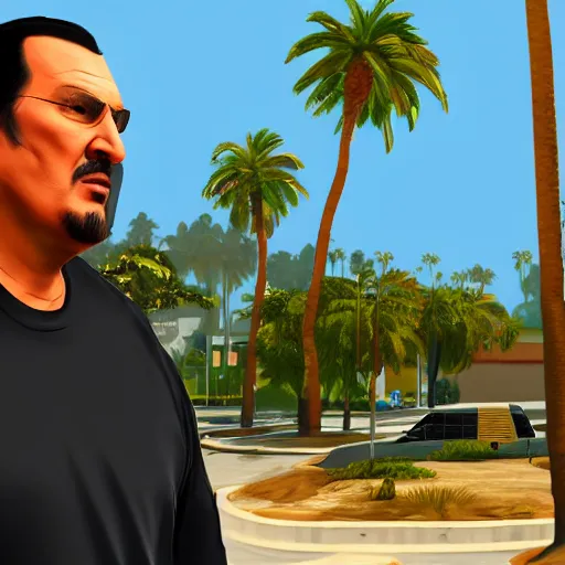 Image similar to Steven Seagal in GTA V . Los Santos in background, palm trees. in the art style of Stephen Bliss