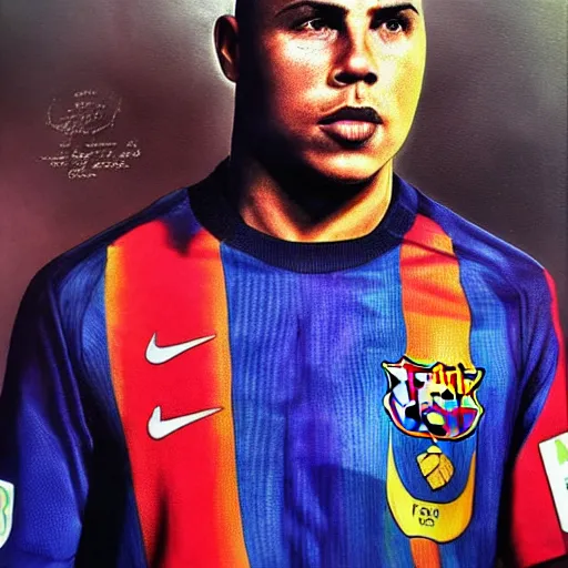 Prompt: real ronaldo fenomeno fc barcelona close up portrait by by mark mann, year 1 9 9 5