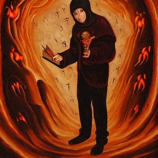 Image similar to nathan fielder walking around hell!!! holding a notepad, dante's inferno!!! medieval painting, oil painting