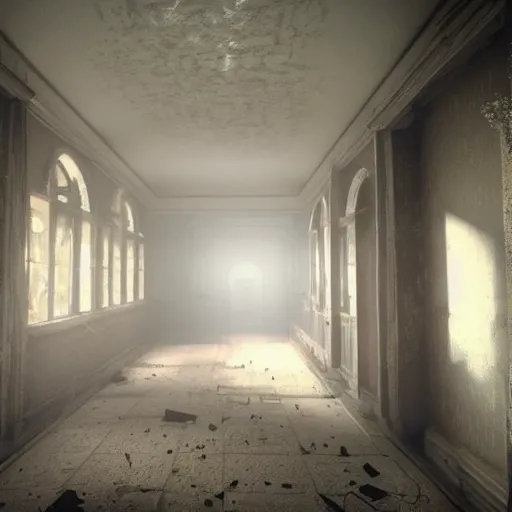 Image similar to walking through the inside of a haunted asylum, detailed, cinematic, unreal engine