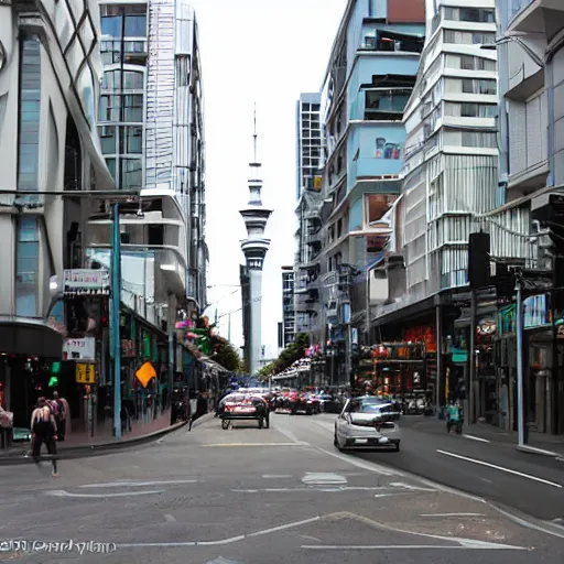 Prompt: auckland city queen street, kiwiana