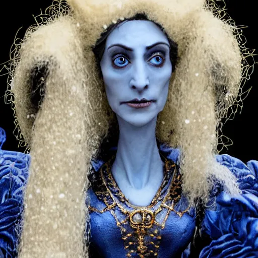Image similar to photo taken of an epic intricate, ultra detailed, super realistic bust of a majestic gracious regal beautiful aristocratic victorian female vampire stop motion puppet created by weta workshop directed by tim burton, menacing, some zoomed in shots, photorealistic, sharp focus, extremely cold blueish colour temperature, 3 5 mm, f 1. 4