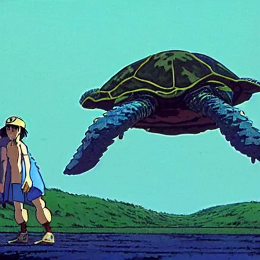 Prompt: a still from princess mononoke ( 1 9 9 7 ) film of a lovecraftian giant mechanized sea turtle, daytime on a baseball field. full body, wide shot, very muted colors, post grunge, studio ghibli, laurie greasley, highly detailed, deviantart, art by artgem