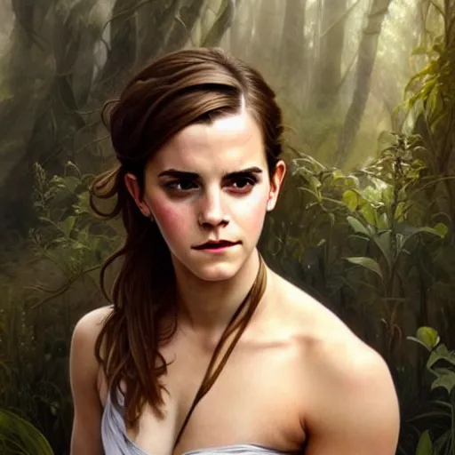 Prompt: emma watson portrait of forest gog, male, clear face, masculine, upper body, muscular, fantasy, intricate, elegant, highly detailed, digital painting, artstation, concept art, matte, sharp focus, illustration, art by artgerm and greg rutkowski and alphonse mucha