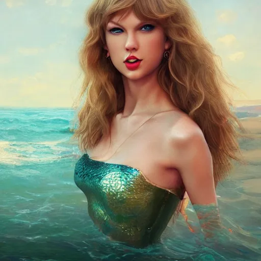 Prompt: taylor swift as a mermaid, detailed features, slim, by artgerm in the style of ilya repin, artstation, octane render, 8k