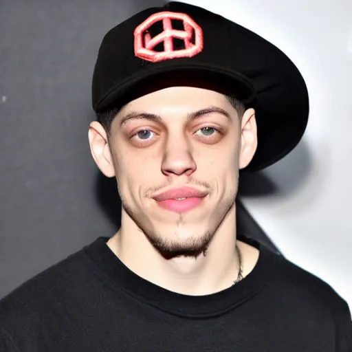 Prompt: pete davidson with a mustache and a black baseball hat, closeup photo