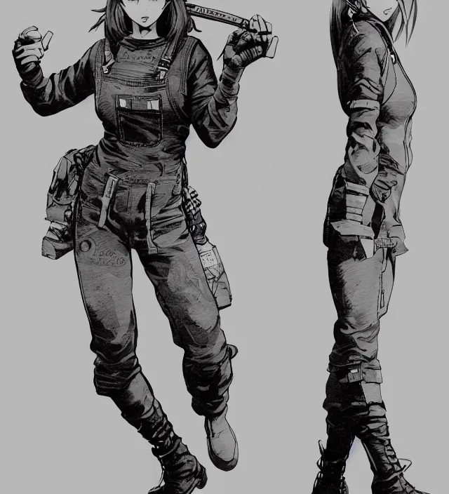 Image similar to full body pose, hd, manga anime portrait of a beautiful woman in combat boots and overalls, in ishikawa ken frank miller jim lee alex ross style detailed trending award winning on flickr artstation,