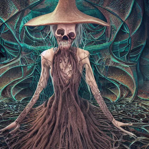 Image similar to photo of terrifying witch, hyper detailed, flowing background, intricate and detailed, trippy, 8 k, octane render