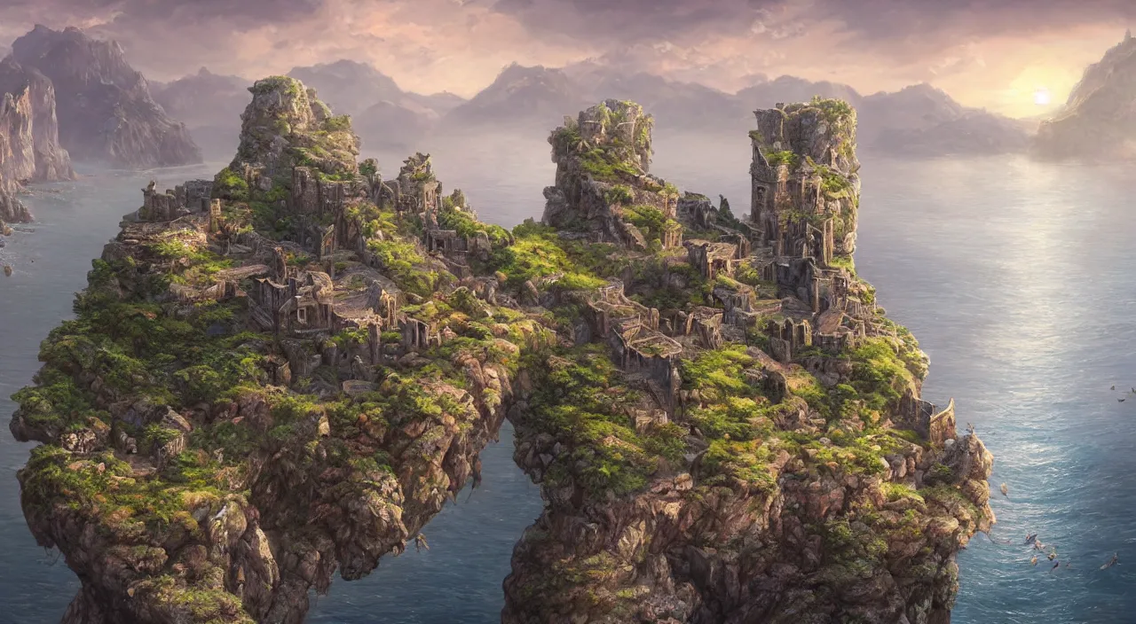 Prompt: hyper realistic detailed matte painting of castle ruins on a rocky steep cliff, calm sea in the background, sunset lighting, hyperdetailed unreal engine 8 k ultra hd, stanley artgerm lau, rossdraws, james jean marc simonetti ruan jia and mandy jurgens and artgerm and william illustration, digital art, concept art