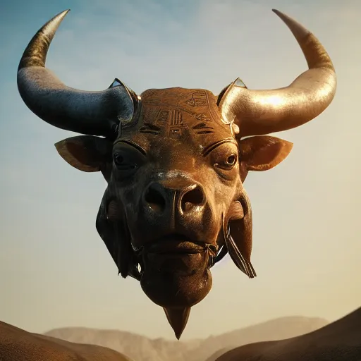 Prompt: portrait art of 8k ultra realistic symmetrical bull creature with a human muscular greek god body, egyptian sun, cinematic lighting, trending on artstation, cgsociety, 4k, hyperrealistic, focused, extreme details, cinematic, masterpiece