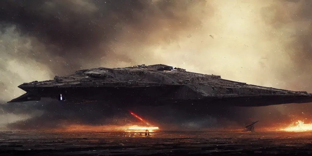 Prompt: a painting of a cinematic keyframe of star wars a destroyed imperial star destroyer ship, heavy atmosphere, fire and smoke by greg rutkowski, rule of thirds, golden ratio, ambient lighting, wlop, artgerm, artstation, highly detailed masterpiece, dark fantasy art, high detail, trending on artstation