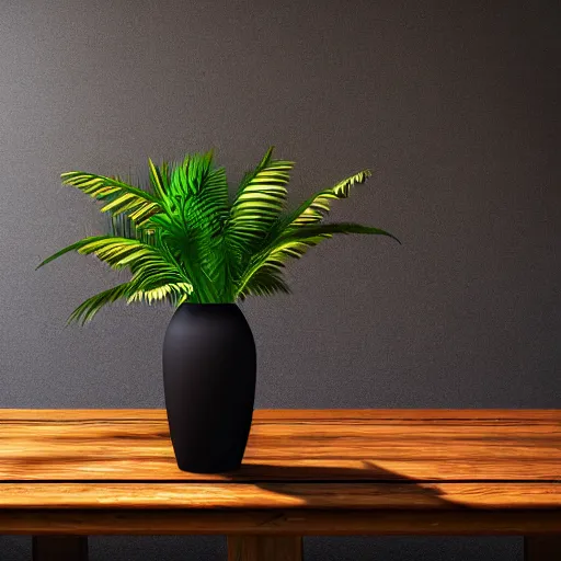 Image similar to a large vase with palms on top of a antique wooden table, vegetables on table and candle, medieval old concept art, cinematic lightning and colors, vray tracing, rendered in unreal engine, dark lightning, contrast shadows, super detailed, 8 k