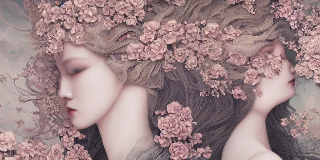 Image similar to breathtaking detailed concept art painting art deco pattern of blonde faces goddesses amalgamation flowers, by hsiao - ron cheng, bizarre compositions, exquisite detail, extremely moody lighting, 8 k