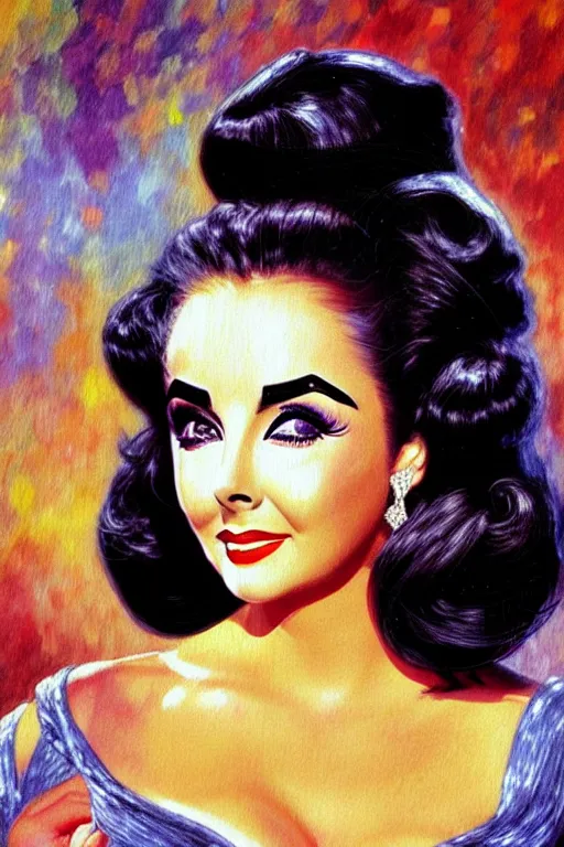 Prompt: impressionism painting of a d & d style retro sci - fi elizabeth taylor beautiful face and wearing full detailed clothing