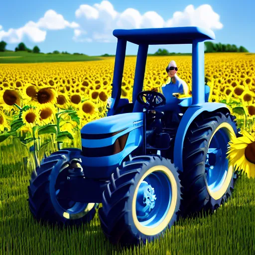 Prompt: a tractor with a ukrainian blue and yellow flag in a sunflower field by goro fujita, 3 d octane render, 8 k, trending on artstation