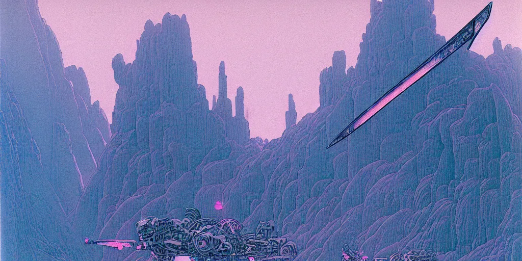 Image similar to grainy risograph matte painting of gigantic huge mech with huge swords, pastel matte colors, staying in the toxic blue canyon, by moebius, hyperrealism, intricate detailed