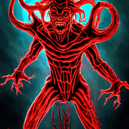 Image similar to demogorgon from stranger things, skin crawling hissing towards the viewer, extremeely spooky vibe, aggressive stance, gesturing towards the camera, ready for attack, comic lighting, the upside down