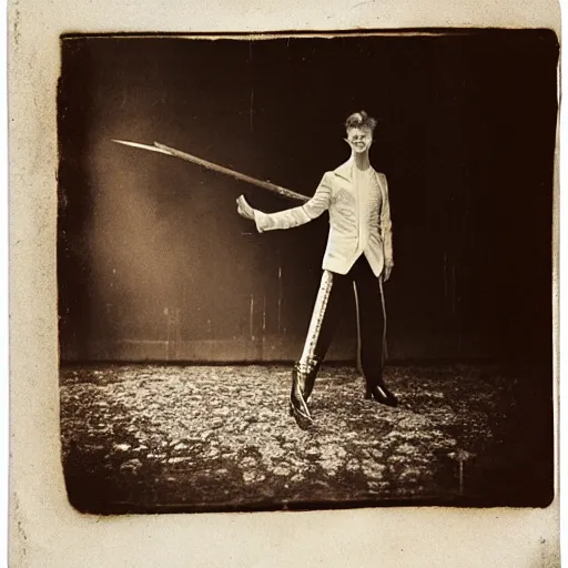 Image similar to wetplate photography, david bowie with a buster sword