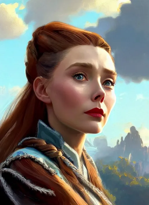 Prompt: A combination of Elizabeth Olsen’s and Grace Kelly’s and Audrey Hepburn's appearance with red braided hair as Aloy from Horizon Zero Dawn in the style of Assassins Creed, countryside, calm, fantasy character portrait, dynamic pose, above view, sunny day, thunder clouds in the sky, artwork by Jeremy Lipkin and Giuseppe Dangelico Pino and Michael Garmash and Rob Rey and Greg Manchess, very coherent asymmetrical artwork, sharp edges, perfect face, simple form, 100mm