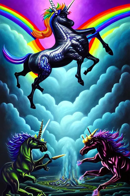 Image similar to a hyperrealistic painting of an epic boss fight against a rainbow shaded unicorn vs an ornate supreme dark overlord, cinematic horror by chris cunningham, lisa frank, richard corben, highly detailed, vivid color,
