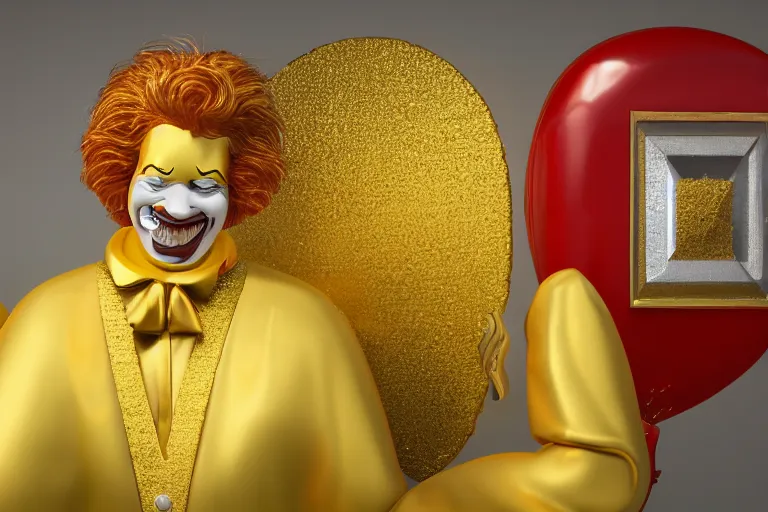 Image similar to a still of ronald mcdonald surrounded by gold and diamonds, award - winning, photograph, 3 d render, unreal engine, 4 k detailed